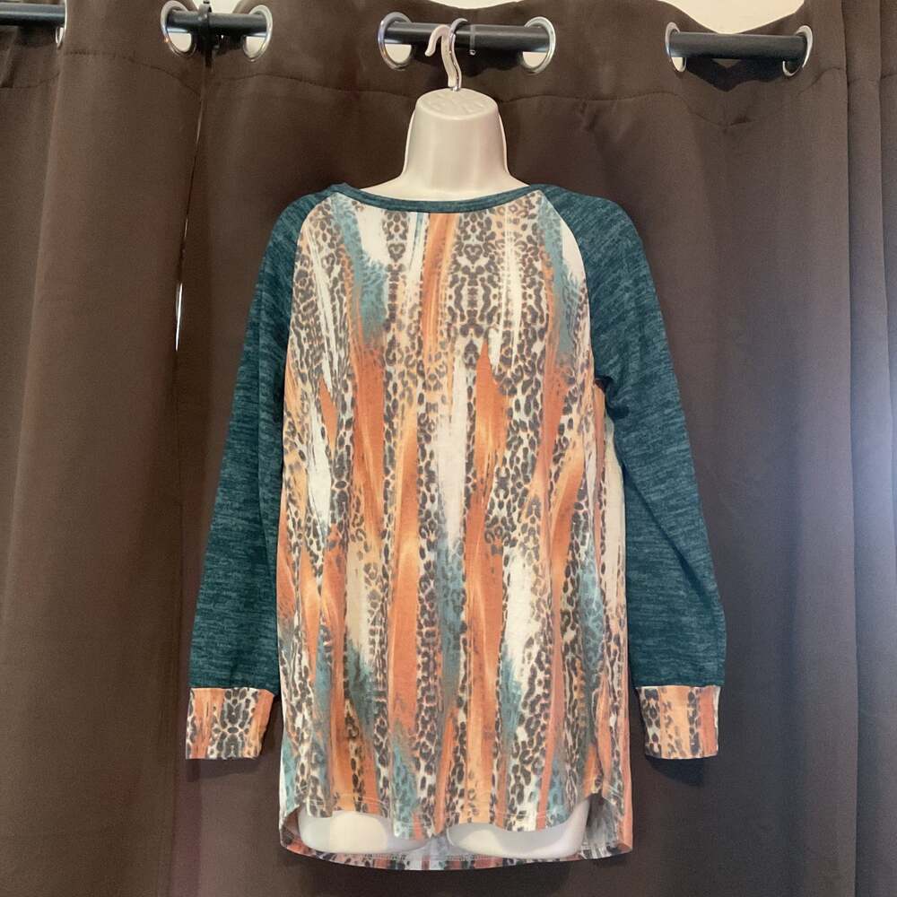 Lovely melody Women’s Leopard Abstract Raglan Long Sleeve Tunic Top - Orange & T